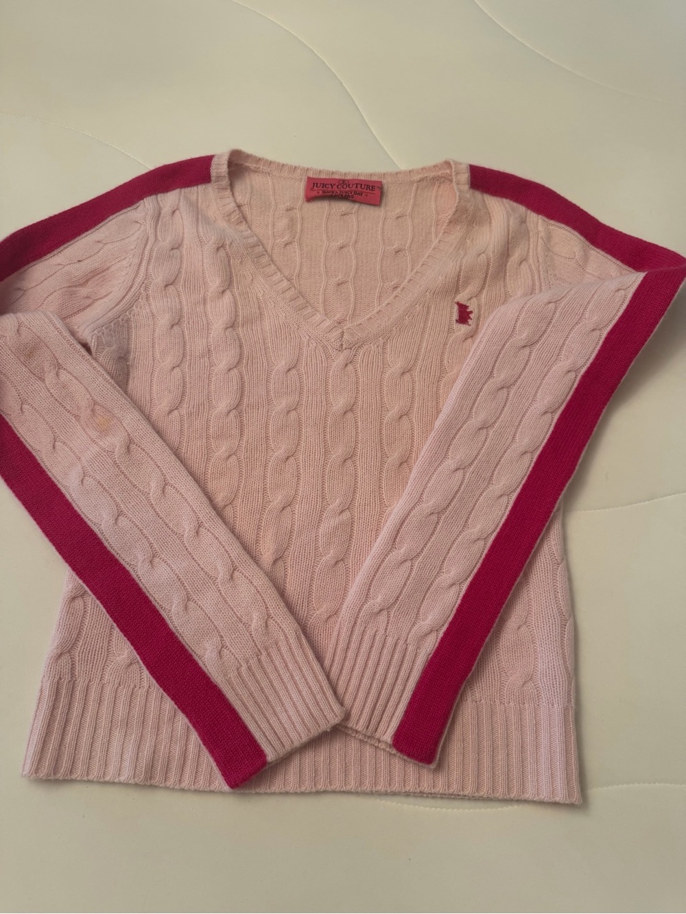Juicy Couture Pink CASHMERE Cable-Knit Sweater with Dark Pink STRIPE, vintage!